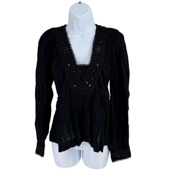 Sea New York NEW Charlotte Black Embellished Long Sleeve V Neck Top Size S
