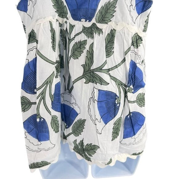 Juliet Dunn NEW White and Klein Blue Baby Doll Floral Scalloped Top Size S