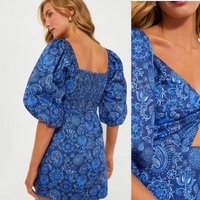 Hyacinth House NEW Blue Mod Paisley Bianca Puff Sleeve V Neck Mini Dress Size XL