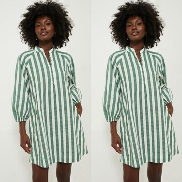 Tuckernuck Pomander Place NEW Green Stripe Linen Maryse Mini Caftan Dress Size M