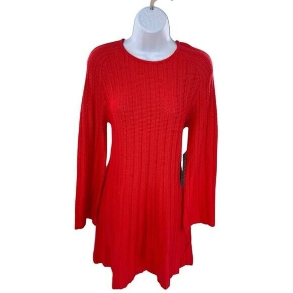 Pomander Place | NEW Red Adi Knit Round Neckline Bell Sleeve Mini Dress Size XS
