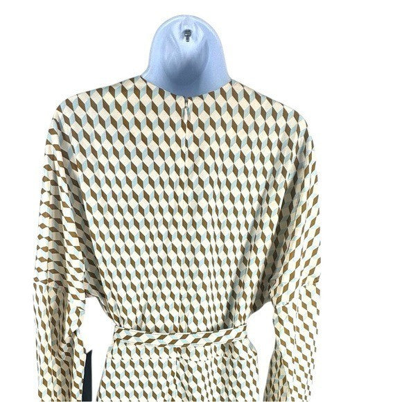 Tuckernuck NEW Tan Ocean Spray Geo Bex Long Sleeve Belted Midi Dress Size XXL