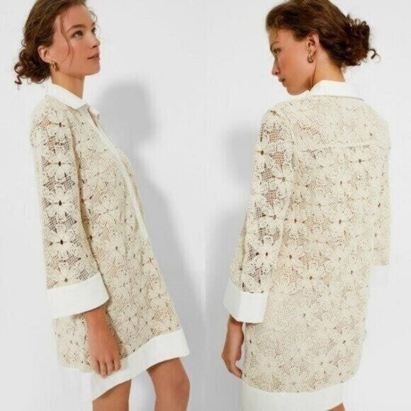 Tuckernuck NEW Tan Crochet Collier Collared Coastal Mini Dress Size L