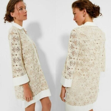 Tuckernuck NEW Tan Crochet Collier Collared Coastal Mini Dress Size L