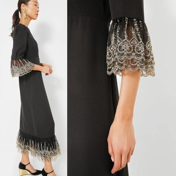 Pomander Place NEW Black Lillith Gold Lace Formal Maxi Dress Size S