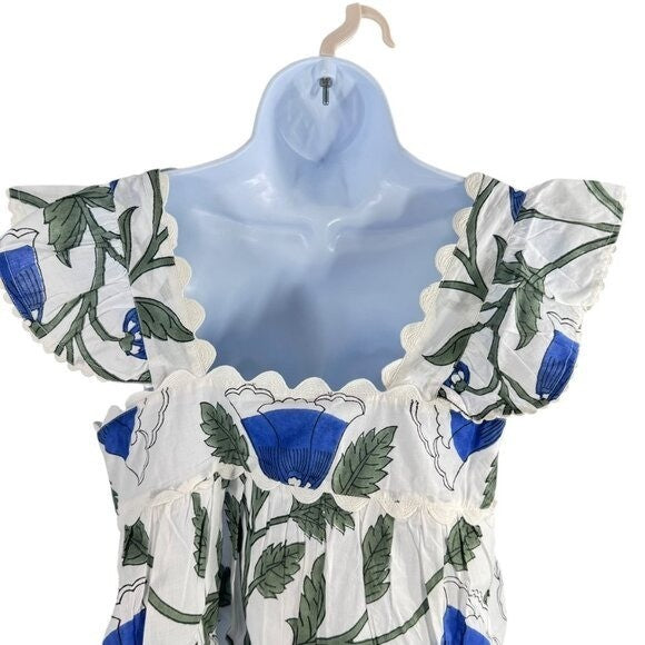Juliet Dunn NEW White and Klein Blue Baby Doll Floral Scalloped Top Size S