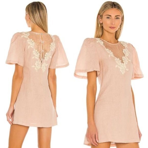 Tularosa | NEW Levy Embroidered Linen Puff Sleeve Mini Dress in Natural Size XS