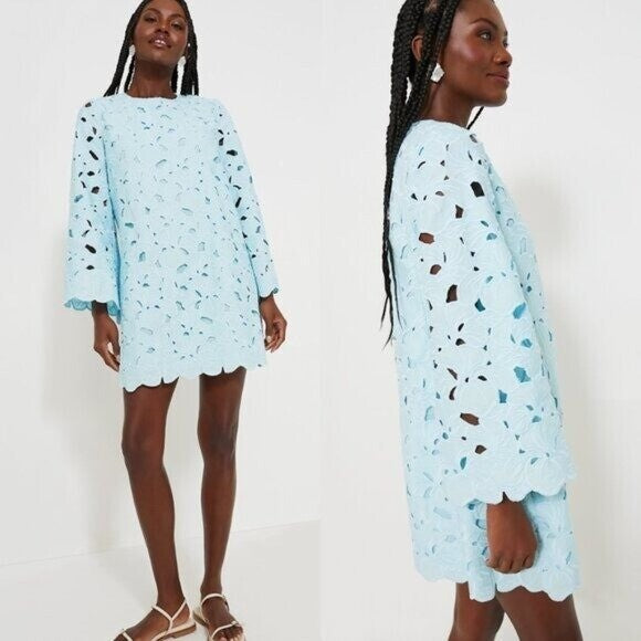 Tuckernuck NEW Aqua Floral Lace Camilla Long Flared Sleeve Mini Dress Size L
