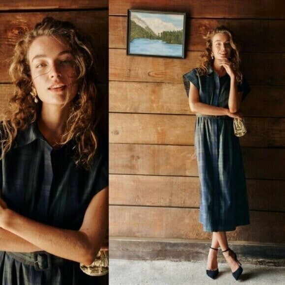 Tuckernuck NEW Blackwatch Chloe Plaid Navy Green Classic Midi Dress Size M
