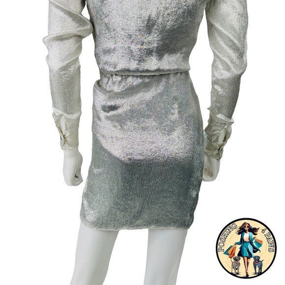 Redemption for FWRD Long Sleeve Metallic Deep V Party Dress in Silver Size XS