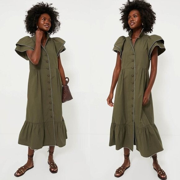 Tuckernuck NEW Olive Green Alice Puff Sleeve Collared Classic Midi Dress XXS