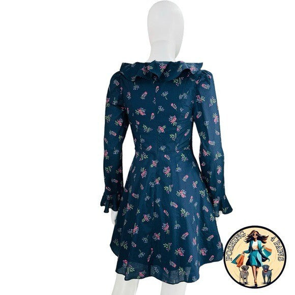 Hyacinth House NEW Navy Floral Ruffle Neck Norah Long Sleeve Mini Dress XS