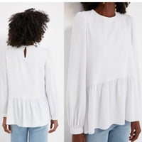Pomander Place | NEW White Carlota Long Blouson Sleeve Peplum Blouse Size S