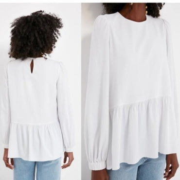 Pomander Place | NEW White Carlota Long Blouson Sleeve Peplum Blouse Size S