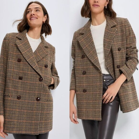 Tuckernuck NEW Brown Houndstooth Kensington Winter Wool Pea Coat Size XL
