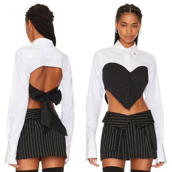LOBA NEW Augstina Cropped Bow Preppy Button Up in Black and White Size XL