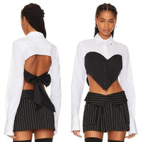 LOBA NEW Augstina Cropped Bow Preppy Button Up in Black and White Size XL