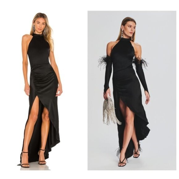 retrofete NEW Sab Satin Formal High Neck Bodycon Maxi Dress in Black Size XS