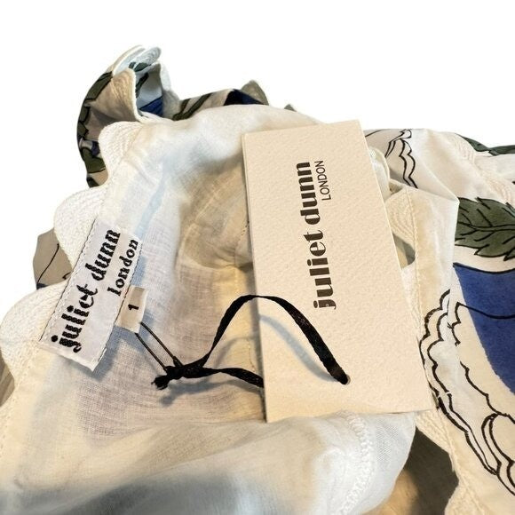 Juliet Dunn NEW White and Klein Blue Baby Doll Floral Scalloped Top Size S