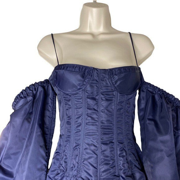 LaQuan Smith Off the Shoulder Formal Puff Sleeve Mini Dress in Navy Size S NEW