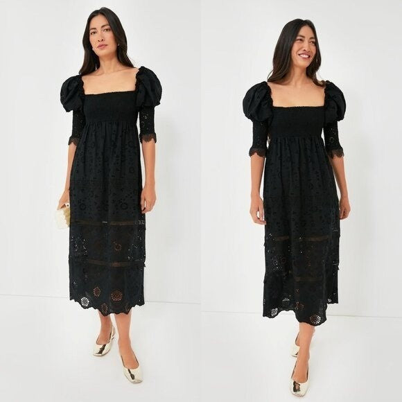 O.P.T. NEW Black Wednesday Cotton Eyelet Puff Sleeve Midi Dress Size XS