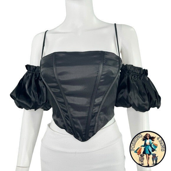 superdown Black Satin Off the Shoulder Phoebe Corset Top in Black Size Small