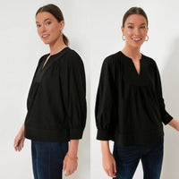 Pomander Place | NEW Black Koa Long Sleeve Notched Neckline Blouse Size Small