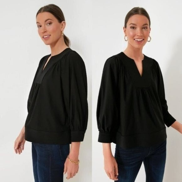 Pomander Place | NEW Black Koa Long Sleeve Notched Neckline Blouse Size Small