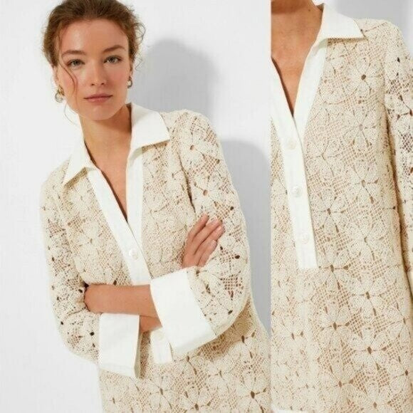 Tuckernuck NEW Tan Crochet Collier Collared Coastal Mini Dress Size L