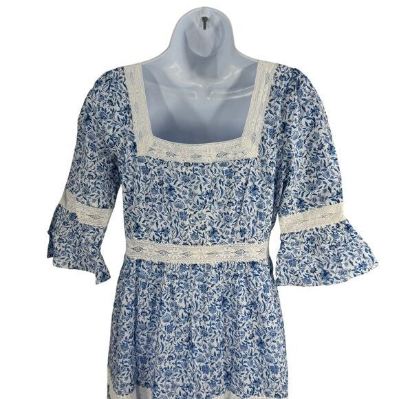 Pink City Prints NEW Celine Sky Chintz Blue Lace Floral Maxi Dress Size S