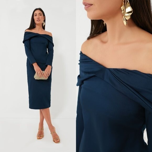Kika Vargas NEW Off the Shoulder Long Sleeve Formal Midi Dress Navy Blue Size XS