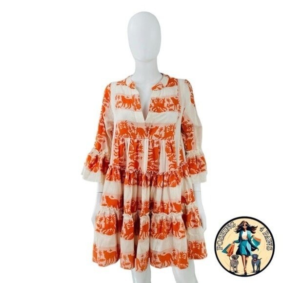 Tuckernuck NEW Kasia Ecru Clio Ruffle Mini Dress in Orange and Ivory Size XS