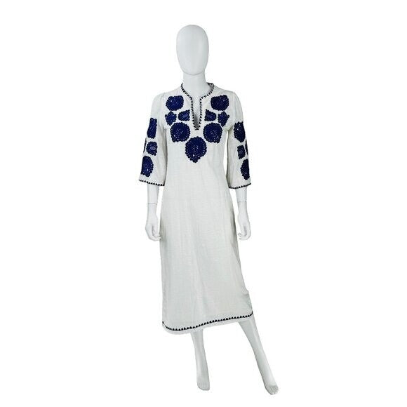 Antik Batik NEW Embroidered Tiki White and Blue Caftan Midi Dress Size XS