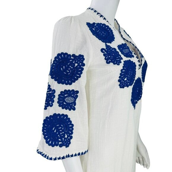 Antik Batik NEW Embroidered Tiki White and Blue Caftan Midi Dress Size XS