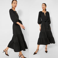 Tuckernuck NEW Black Lyles 3/4 Sleeve Belted Classic Cotton Maxi Dress Size L