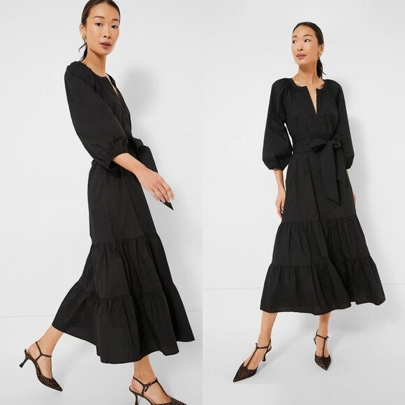 Tuckernuck NEW Black Lyles 3/4 Sleeve Belted Classic Cotton Maxi Dress Size L