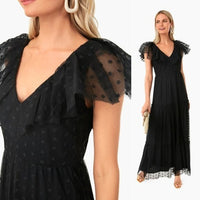 Tuckernuck NEW Black Onyx Tulle Giselle Formal Flutter Sleeve Maxi Gown Size XS