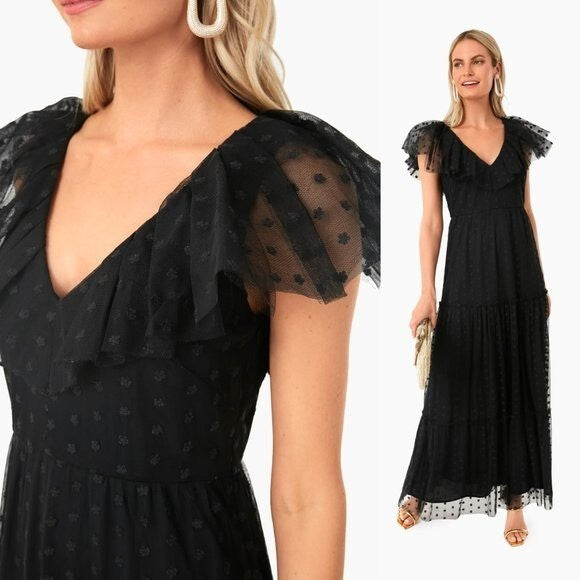 Tuckernuck NEW Black Onyx Tulle Giselle Formal Flutter Sleeve Maxi Gown Size XS