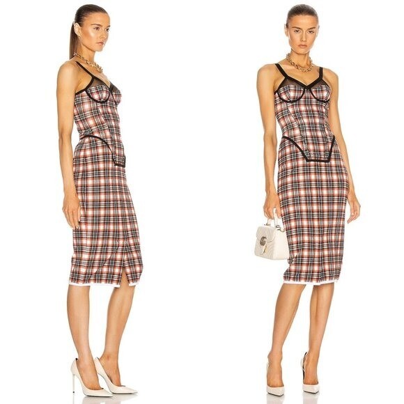 Burberry NEW Corset Red Black Nova Check Plaid Bodycon Midi Dress Size 2