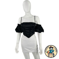 superdown Black Satin Off the Shoulder Phoebe Corset Top in Black Size Small