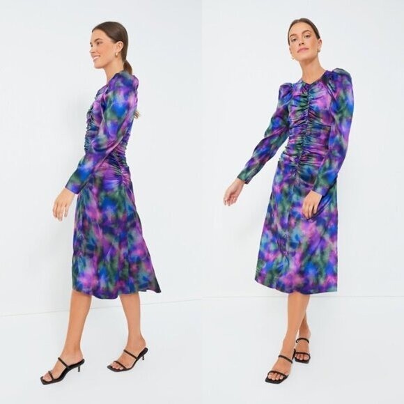 Ganni NEW Watercolor Simply Purple Silk Stretch Formal Satin Midi Dress Size L