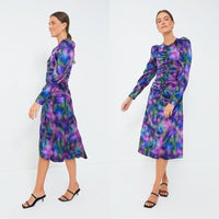 Ganni NEW Watercolor Simply Purple Silk Stretch Formal Satin Midi Dress Size L