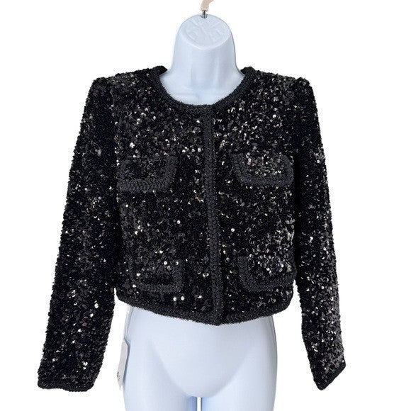 Self-Portrait NEW Black Sequin Cropped Evening Cocktail Party Jacket Size 0 XS