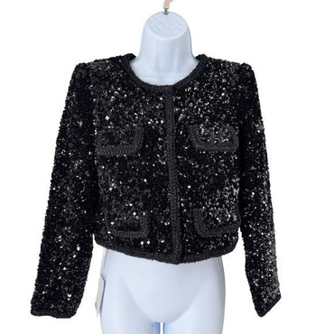 Self-Portrait NEW Black Sequin Cropped Evening Cocktail Party Jacket Size 0 XS