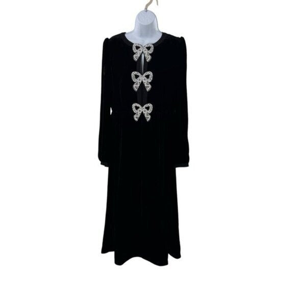 Saloni NEW Velvet Camille Bows Long Sleeve Formal Elegant Midi Dress Size 2
