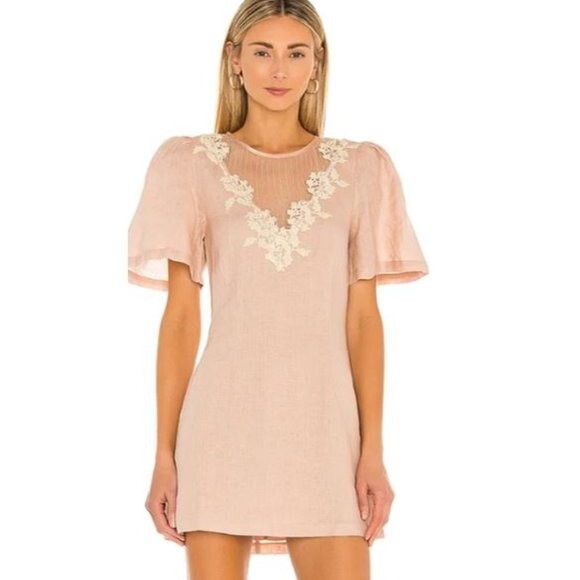 Tularosa | NEW Levy Embroidered Linen Puff Sleeve Mini Dress in Natural Size XS