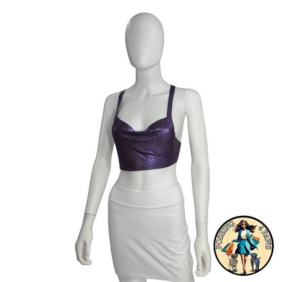 FANNIE SCHIAVONI Hailey Mesh Metallic Festival Draped Crop Top in Purple Size S