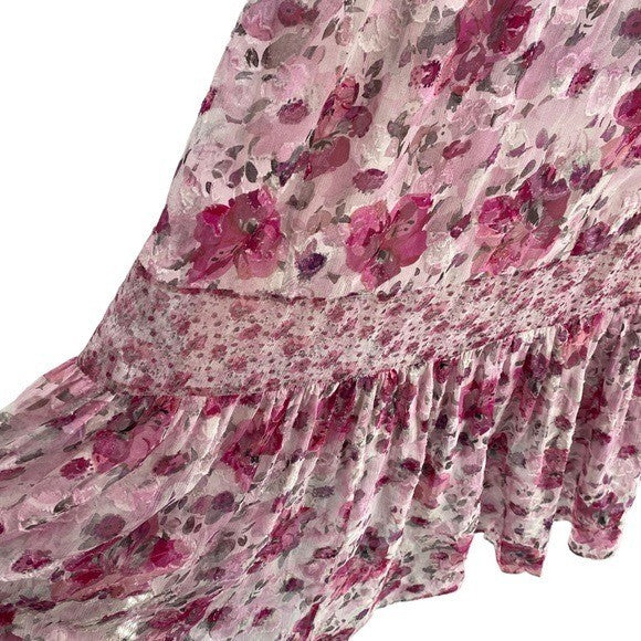 LoveShackFancy NEW Pink Indigo Silk Off the Shoulder Floral Maxi Dress Size S