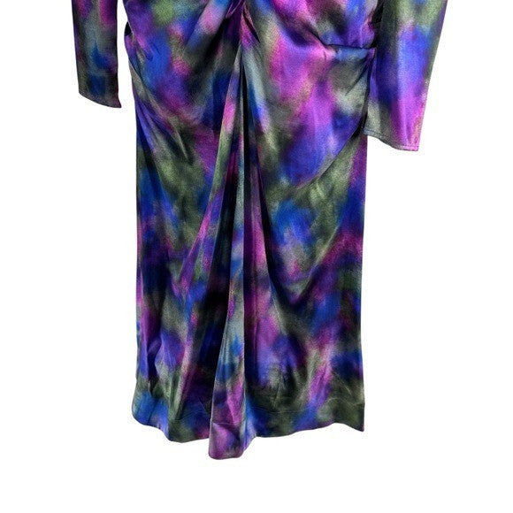 Ganni NEW Watercolor Simply Purple Silk Stretch Formal Satin Midi Dress Size L