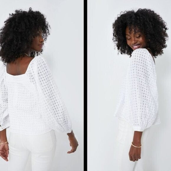 Pomander Place NEW White Textured Bonnie Gingham Puff Sleeve Blouse Size XS